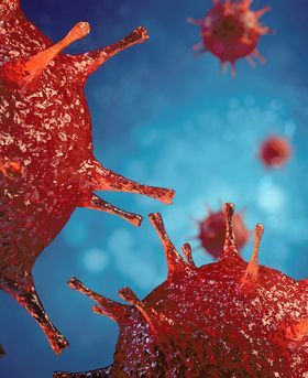 3D illustration of red virus particles with spike-like projections in a dark blue background.
