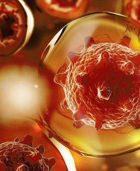 Red virus-like cells inside transparent spheres.