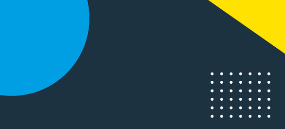 A navy banner cover with a small multi-coloured dots in bottom right corner, a light blue quarter-circle in the top left and a yellow triangle.