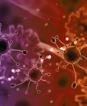 3D illustration of red virus particles with spike-like projections in a dark red background.