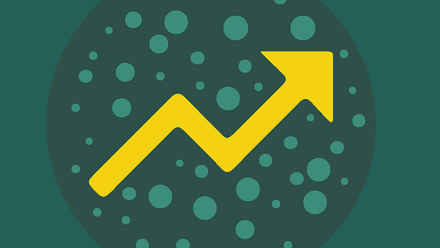 Banner with turquoise background fetauring a centre darker turquoise circle covered in turquoise dots and a yellow crooked arrow.