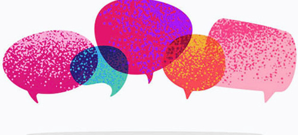 Several pink, purple, orange and blue speech bubbles on white background.