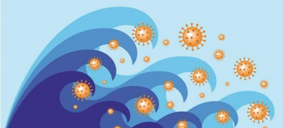 Cartoon-style waves in varying levels of blue opacity, surrounded by yellow viruses.