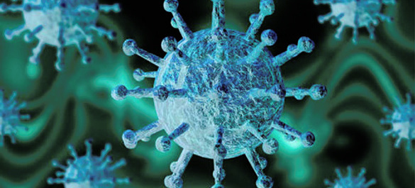 Blue COVID-19 viruses close up.