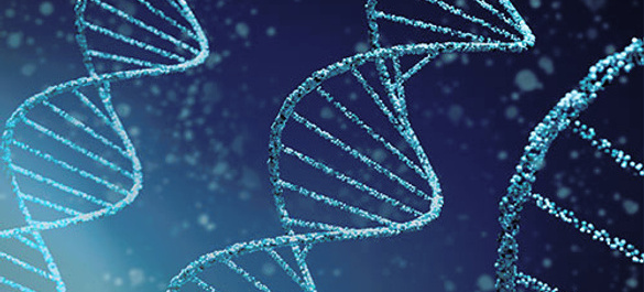 Blue background with DNA helix structures.