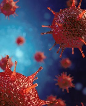 3D red spherical, virus-like particles in a dark blue background.