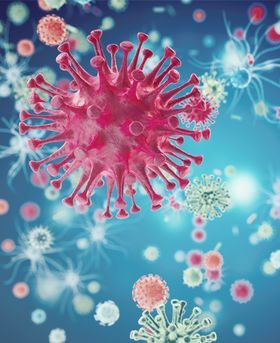 3D red spherical, virus-like particles with multiple strains coming out. Light blue background.