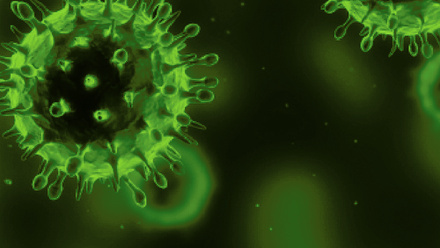Journal of General Virology cover with multiple green virus particles.