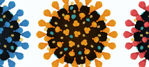 Close-up of blue, yellow and red viruses icons lined up.