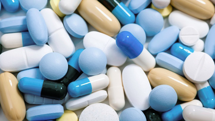 A cluster of various pill types.