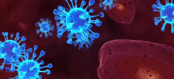 Blue COVID-19 viruses close up.