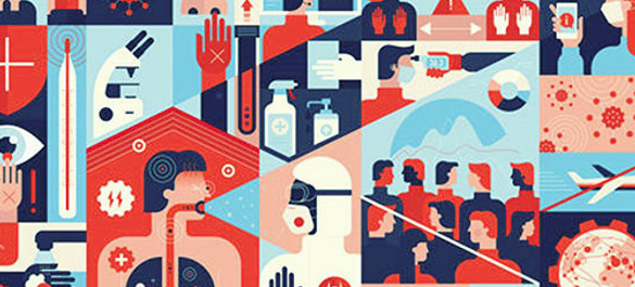 A collection of red, light blue and dark blue graphics depicting various activities surrounding SARS-CoV-2, including sanitation and detection.