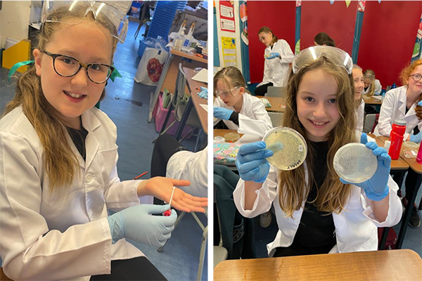 Side-by-side images: One of a girl holding a swab and the second of a girl showing two petri dishes