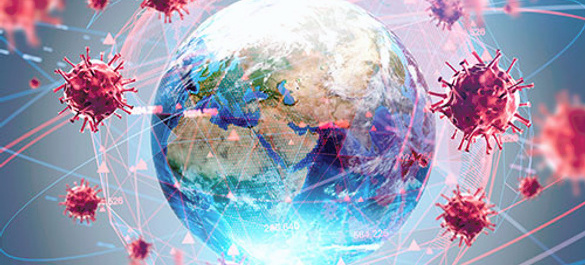 A graphic featuring the globe in centre, surrounded by red viruses.