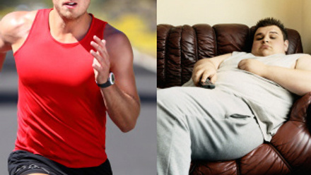 Side-by-side images: one of a male athlete running outdoors, and another of a man lying on a sofa, appearing relaxed.